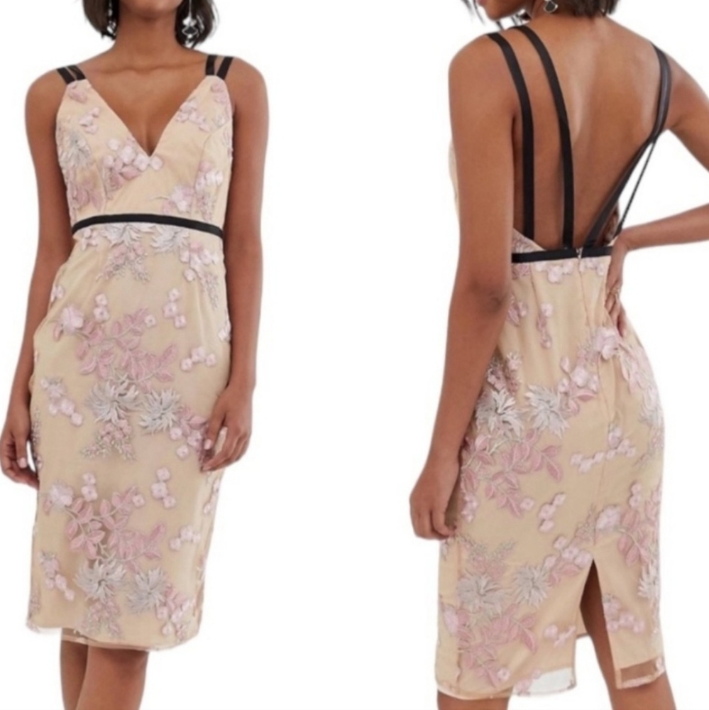 ASOS Midi Dress Pink Floral Embroidered Black Ribbon Straps Cocktail Womens Sz 6